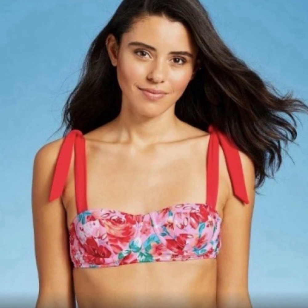 Xhilaration Red and Pink Floral Tie Strap Bikini Top (L) and Bottoms (S)